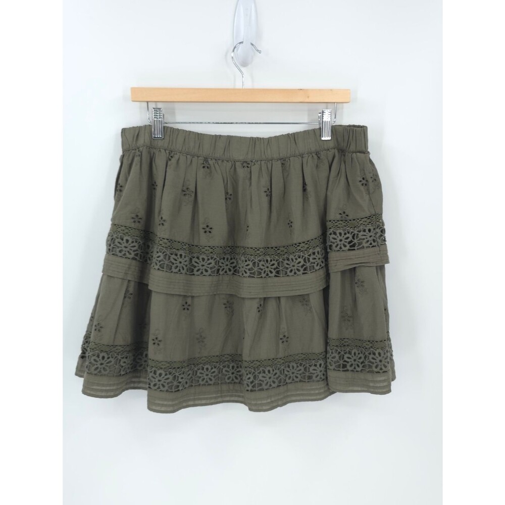 Lucky Brand Tiered Eyelet Skirt Goblincore Green Floral Schiffli Embroidery Boho - Picture 3 of 12
